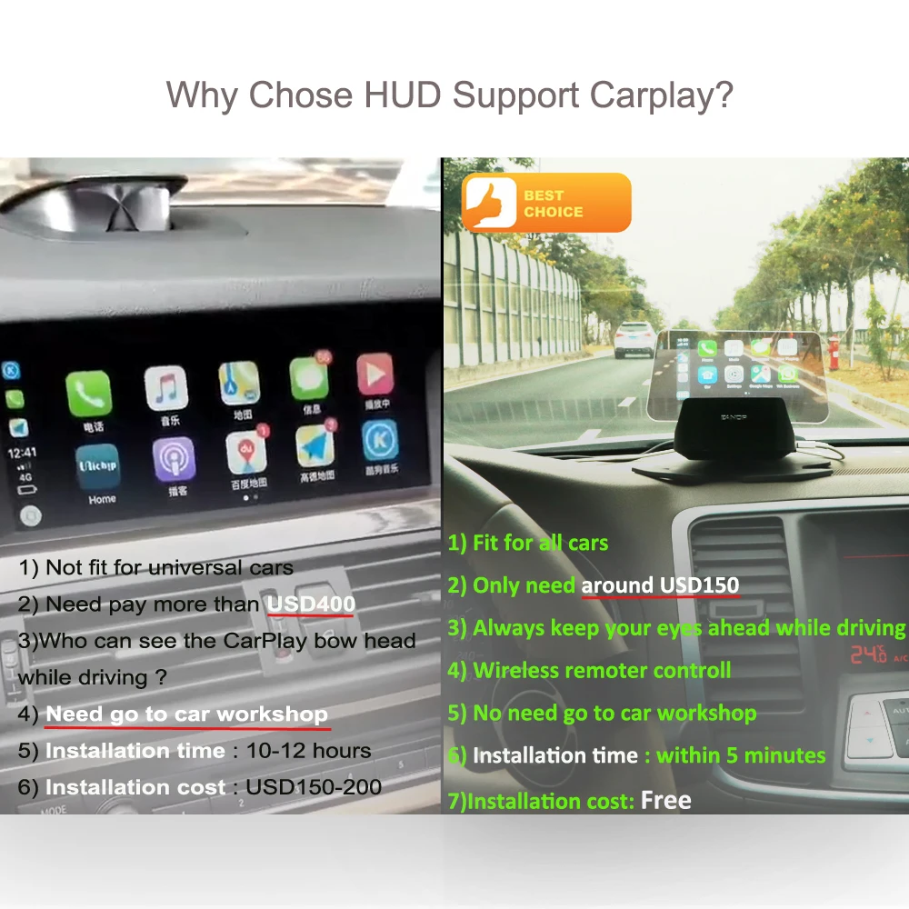 

EANOP M60 OBD2 HUD Head-up Display Speed Projector Media Play Support Carplay Andorid Auto FM google Navigation
