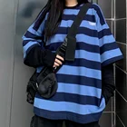 Полосатая женская футболка QWEEK в стиле Харадзюку с длинным рукавом 2021 уличная одежда Повседневная корейская мода Лоскутная футболка Топы винтажная одежда