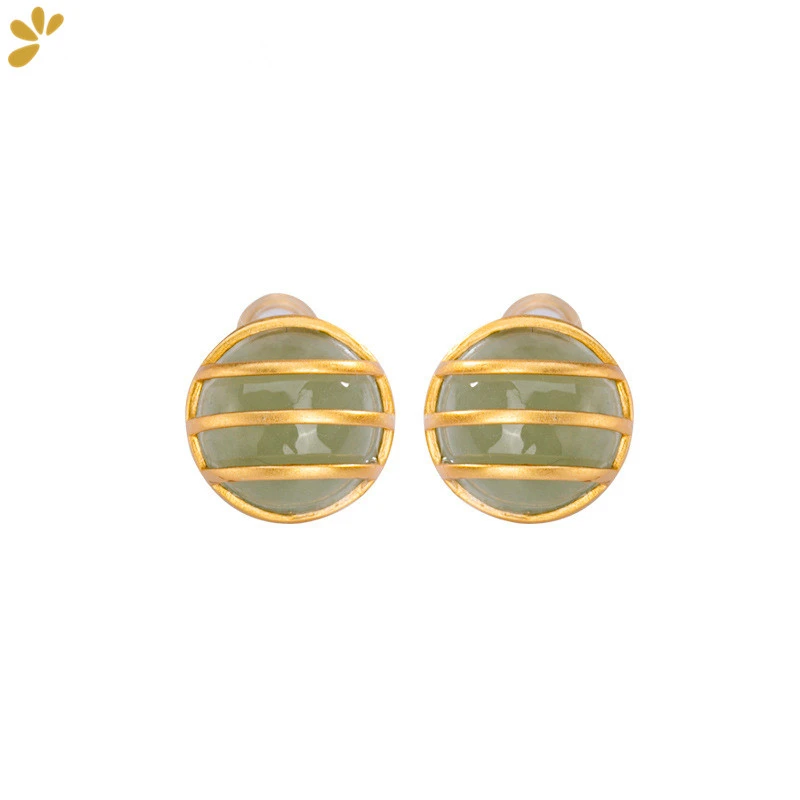 

Trendy 925 Sterling Silver Gold Plated Round Green Jade Stud Earrings Fine Jewelry For Women Natural Stone Earrings 2020 Summer