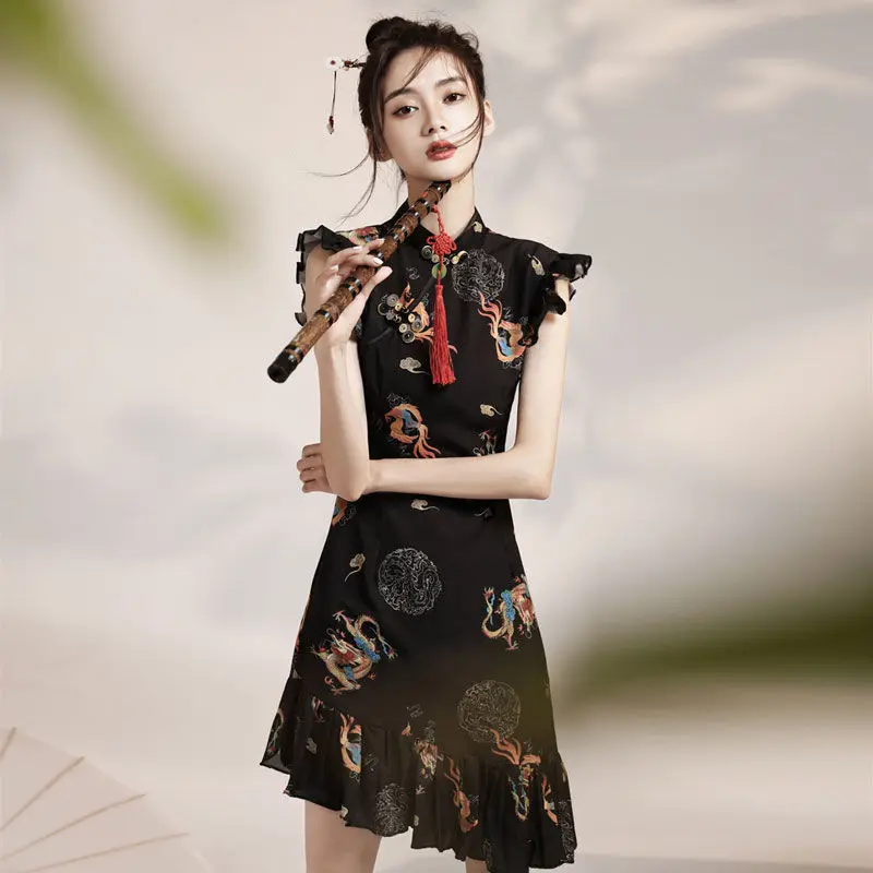 

Chinese Style Women Elegant Vintage New Cheongsam Dress Summer Women's Improved Dress National Tide Cheongsam Black Dress