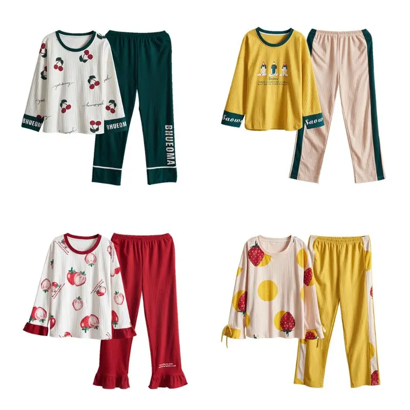 

2020 New Women Long Sleeve Pajamas Set Color Block Fruit Print Sleepwear Loungewear + Long Pants