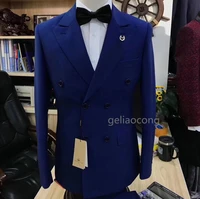 high quality double breasted blue blazer groom tuxedos jacket peak lapel groomsmen mens suits only blazers for party prom