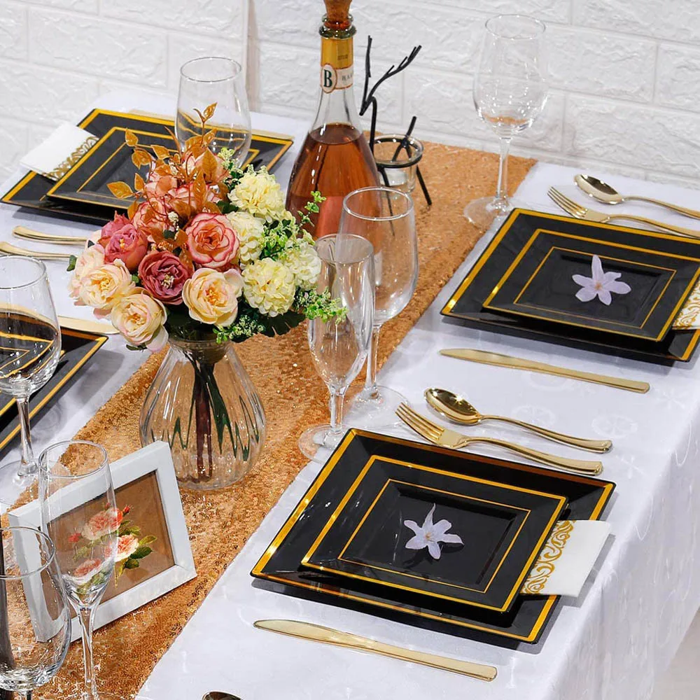 

125PCS Disposable Tableware/Silver Utensils Set Black Gold Rose Gold Square Plastic Tray with Gold Edge Wedding Party Supplies