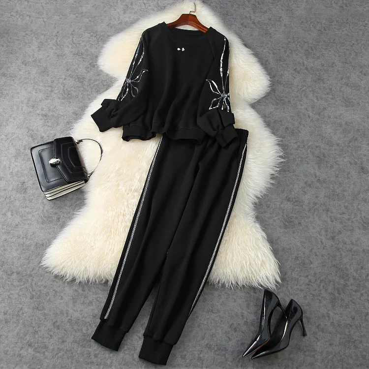 

European and American women's wear 2020 winter new style Long-sleeved sequined hoodie Nine minutes of pants Fashion suits