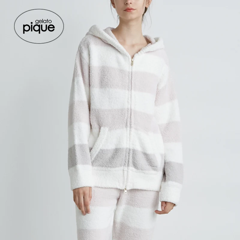 

Gelato Pique 2021 Autumn And Winter New Women's Striped Hooded Cardigan Soft Pajamas Pwnt215012 Room Wear Ladies Pajamas