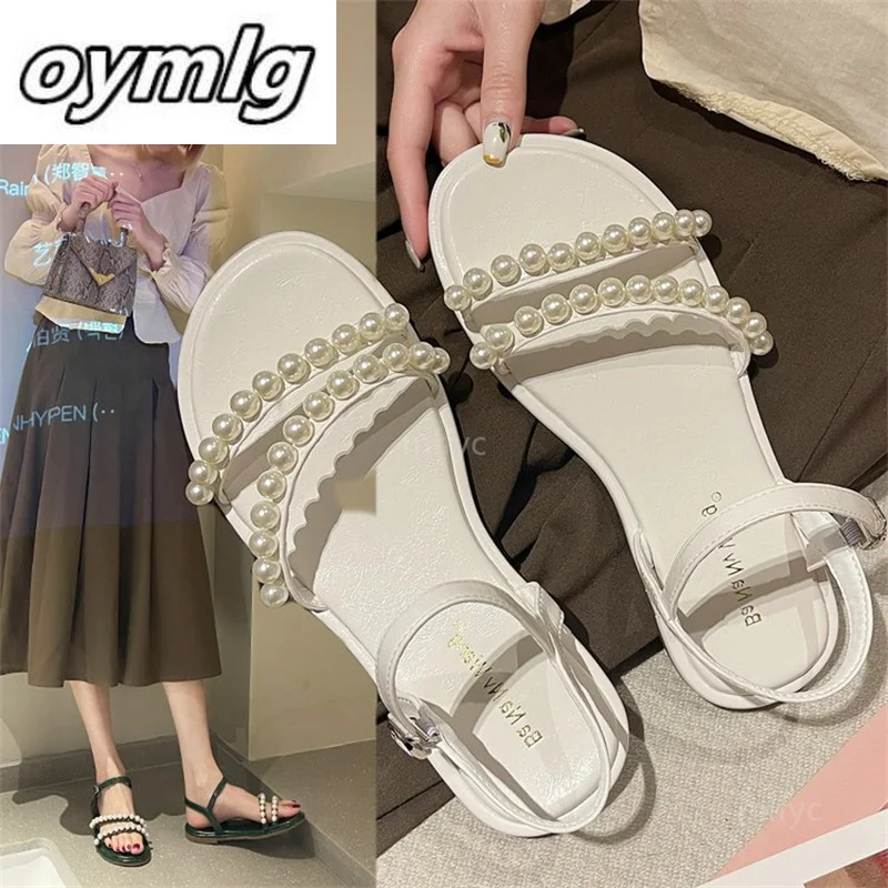 

2021 new fairy style sandals women summer wear sexy pearl word with flat open toe sandals women open toe shoes shoes for women
