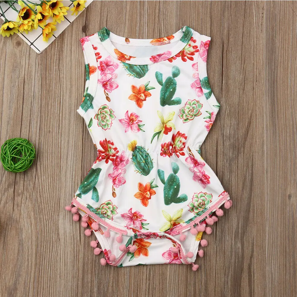 

Комбинезон для новорожденных девочек, комбинезон с цветочным принтом кактуса, цельный комбинезон без рукавов с бахромой, лето 2021