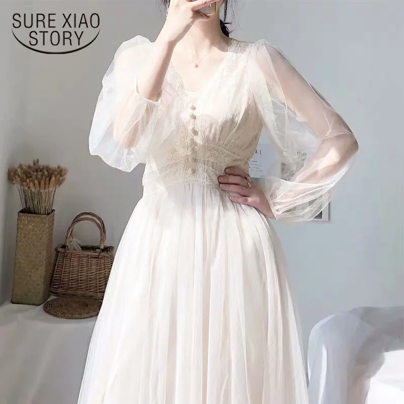 

FAKUNTN 2021 Women Spring Dress Vintage Elegant with Button A-Line Dress Solid Puff Sleeve Lace Voile Mesh Dress Women Vestidos