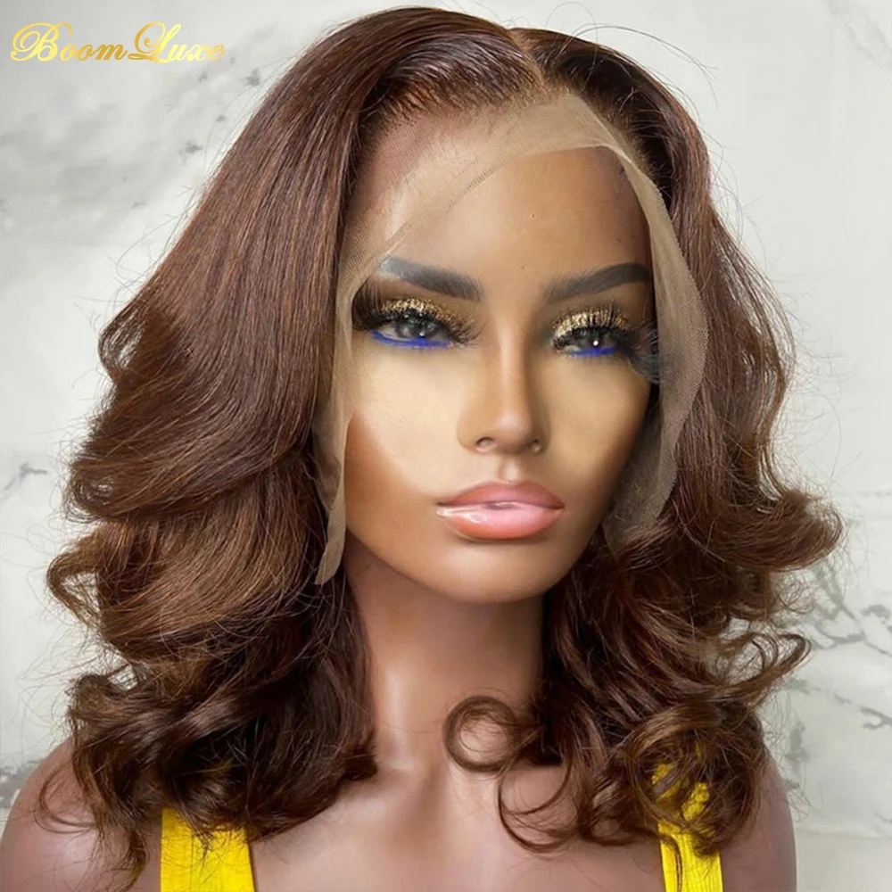 

Brown Color Loose Wave Lace Front Wigs For Women Brazilian Remy Hair Short Bob Human Hair Wig PrePlucked With Baby Hair