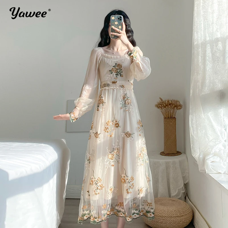 

2020 Spring plus size XL Fashion Runway Elegant Party Dress Women's Long Sleeve Vintage Mesh Flower Floral Embroidery Dress