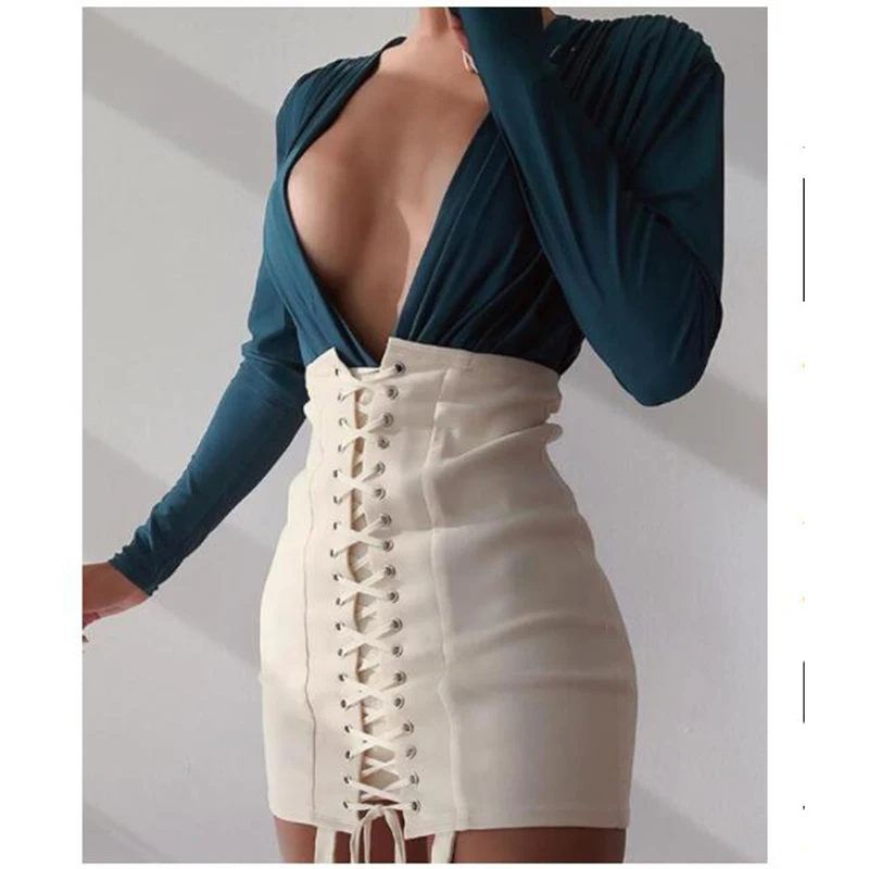 

Plunge Contrast Color Lace-up Bodycon Dress Women V Neck Patchwork Long Sleeve Dresses Summer 2020 Sexy Party Dress