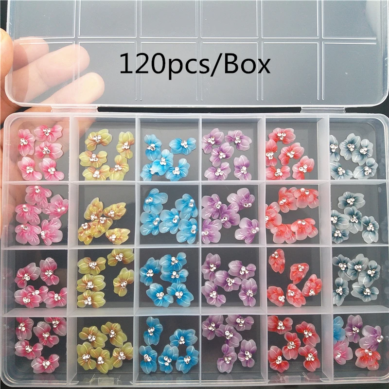 

120PCS/Box Acrylic Resin Flower Nail Charms Accesorios Purple&Pink Color Crystal Flower 3D Nail Rhinestones Deocration Tip Z03