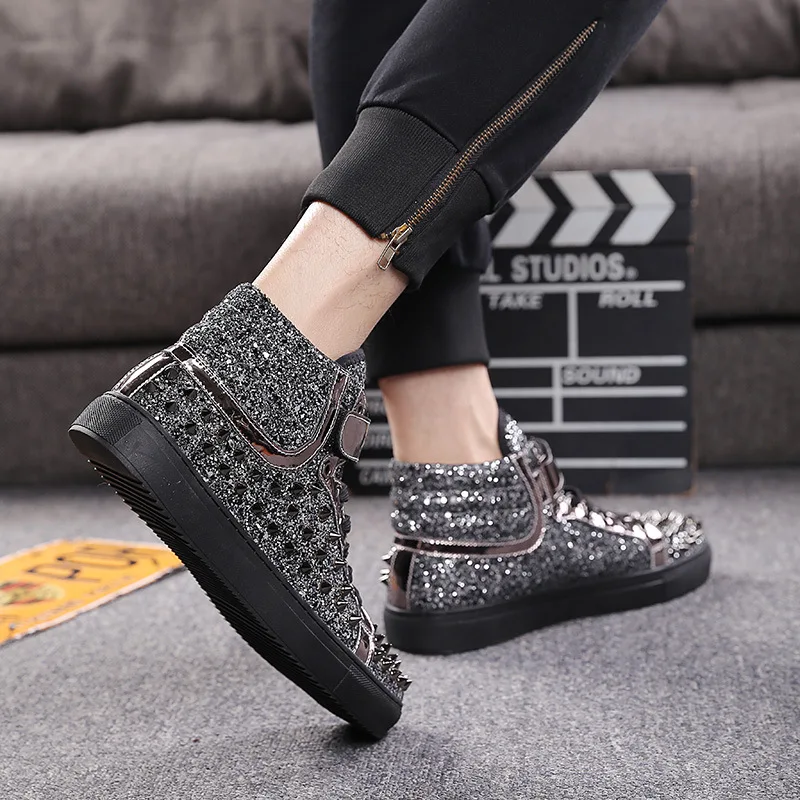 

New Spring Autumn Unisex lace up bling shoes Male Gold Silver Studs High Tops Men Super cool Sneakers Glitter Flats F1-52