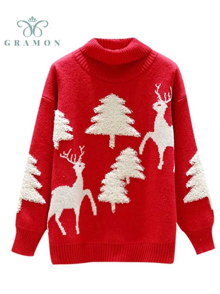 

Knitted Pull Femme Autumn Winter Korean Fashion Turtleneck Pullover Christmas Long Sleeve Oversize Loose Woman Festival Clothing