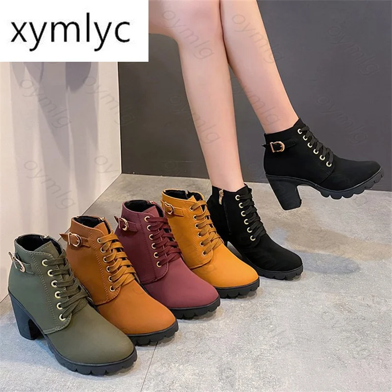 

High-heeled single boots, belt buckle, women's shoes thick heel short boots round toe Martin boots, women's lace-up knight boots
