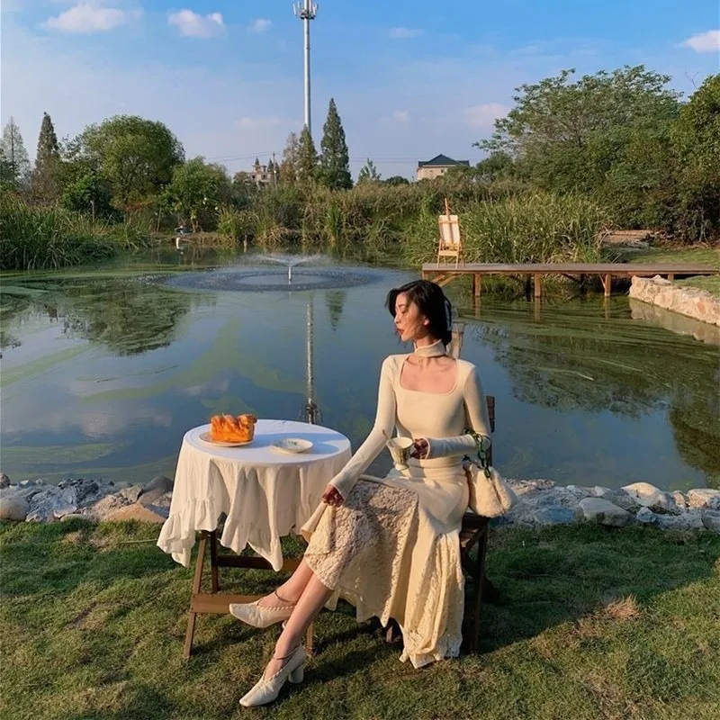 Однотонное винтажное вязаное платье для женщин зимнее элегантное ажурное