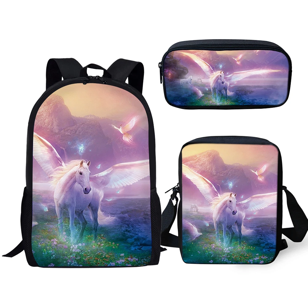 HaoYun Fashion Kids 3PCs Set Backpack Cute Horse Pattern School Bag Students Fantasy Unicorn Prints Backpack/Flaps Bag/Pen Bags
