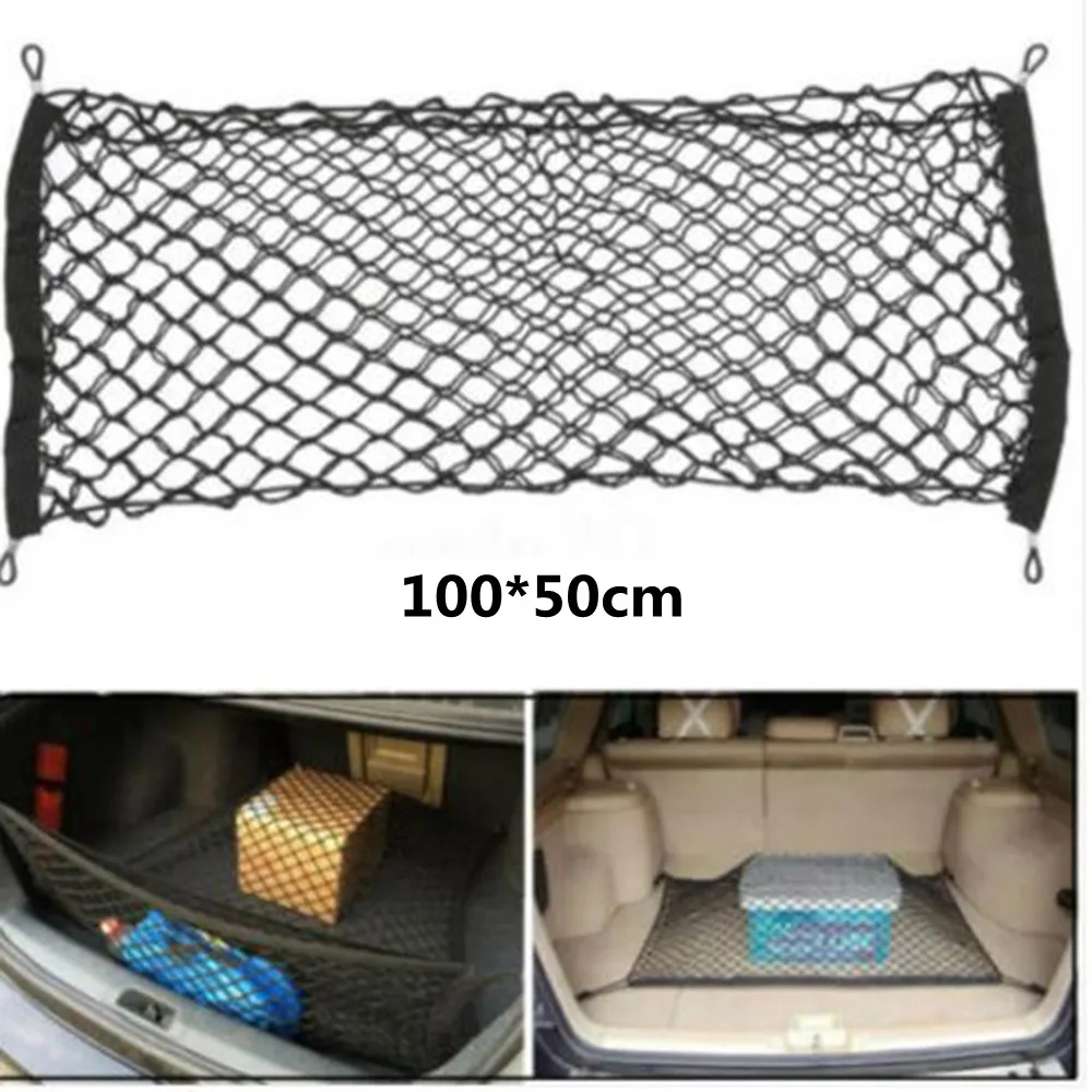 

Car Trunk Rear Storage Cargo Luggage Nylon Elastic Net Holder With 4 Plastic Hooks Pocket For Car Van Pickup SUV MPV 100x50CM