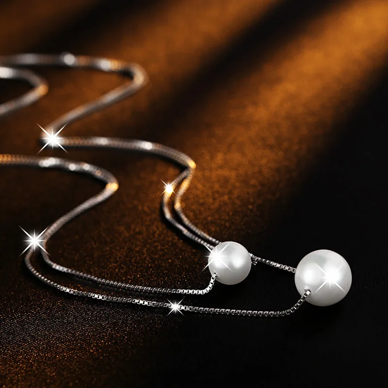 925 Sterling Silver Necklace Double Layer Chain Real Pearl Choker &amp Pendant For Women kolye collares choker S-N156 | Украшения и