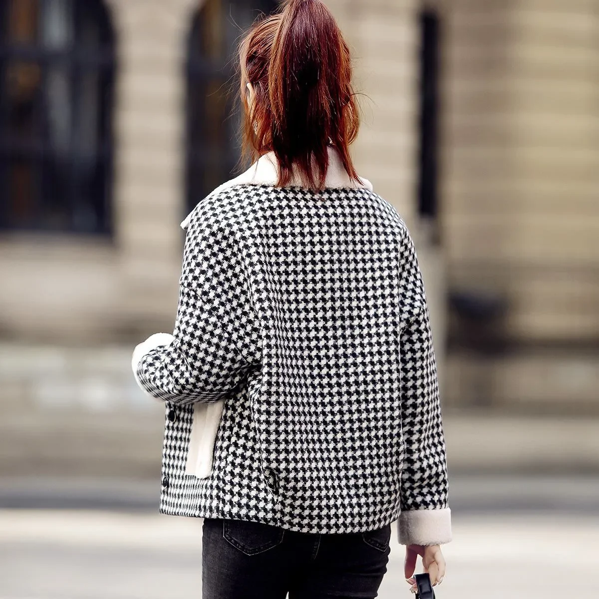 

Women Plaid Woolen Jacket Short Houndstooth Coat