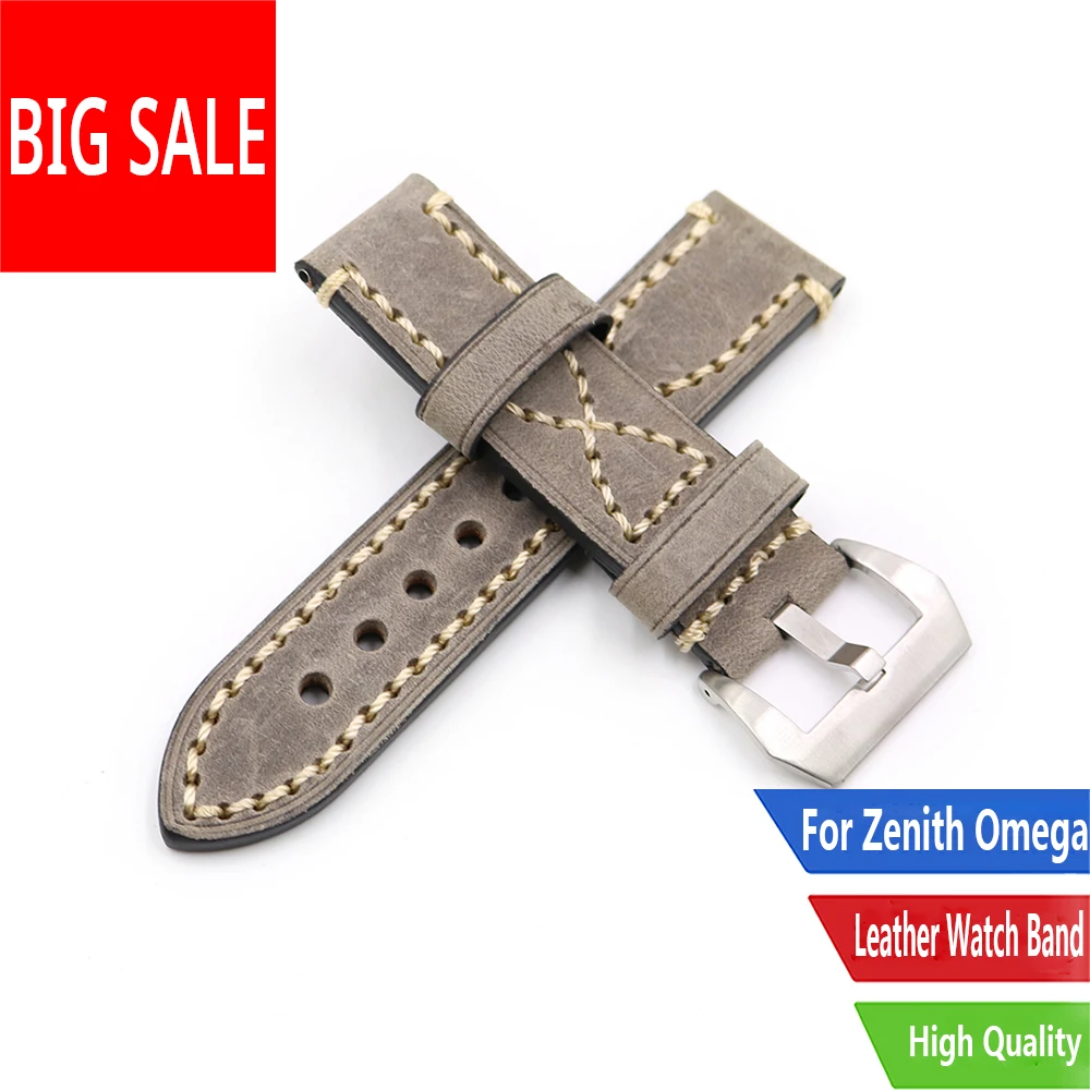 

CARLYWET 20 22 24 26mm Grey Thick Real Leather Watch Band For Zenith Omega Montblanc Panerai Daytona Submariner Tissot Tag Heuer