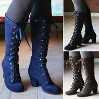 2021 medieval womens casual riding boots winter lace up suede long tube knight boot female high heel cowboy shoes mid calf sexy