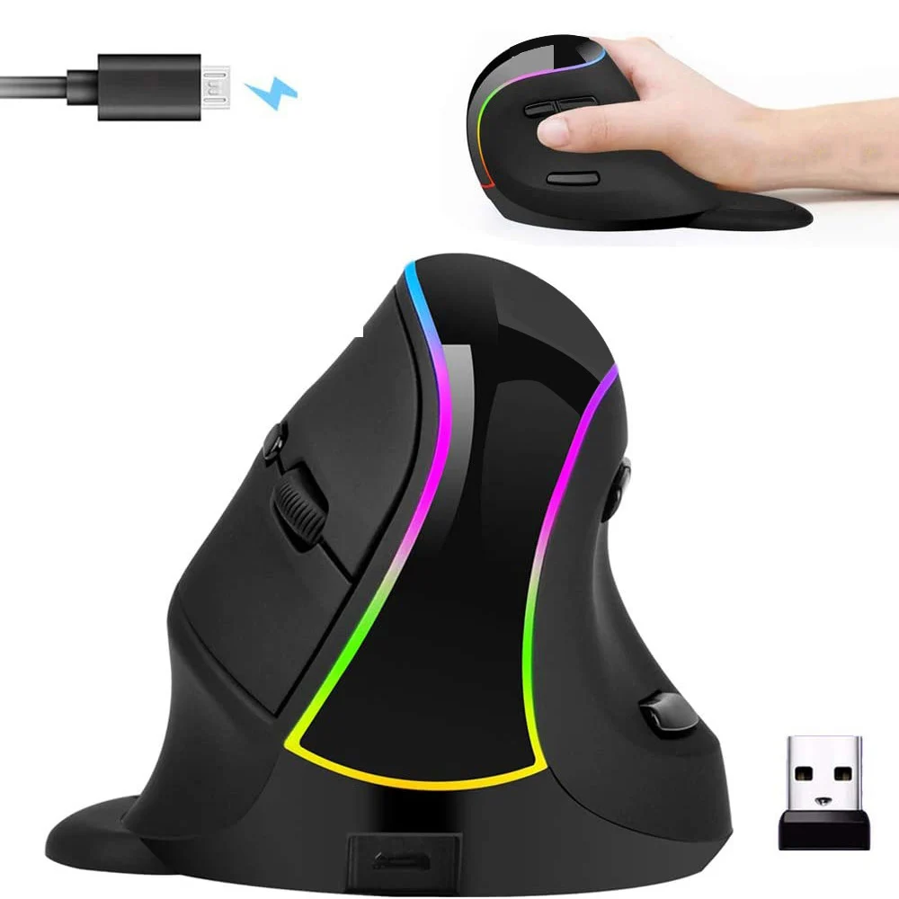 wireless vertical mouse usb rechargeable rgb gaming mouse optical 1600dpi ergonomic mice 2 4g pc gamer mause for laptop notebook free global shipping