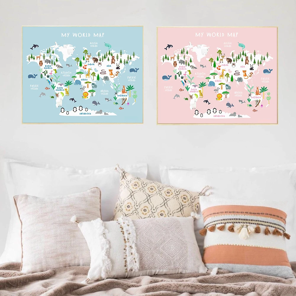 Образовательные животные Карта мира картина для детей искусство на холсте