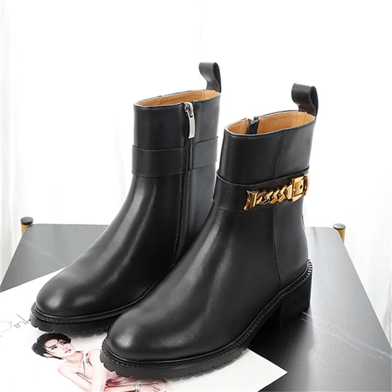 

Chelsea Botas De Mujer Chain Buckle Boots Women Genuine Leather Ankle Female Shoes Black Bottes Luxury Designer Bottine Femme