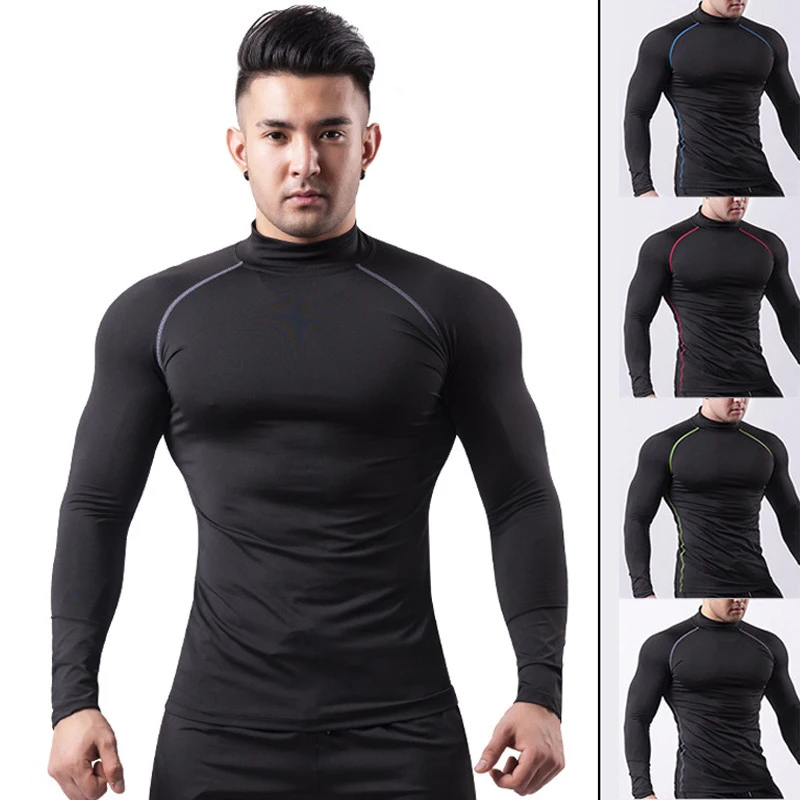 

Men's Compression T-shirt Gym Fitness Tights Sports Clothing Cycling Run Long Sleeve High Collar Football Basketball Rashguard