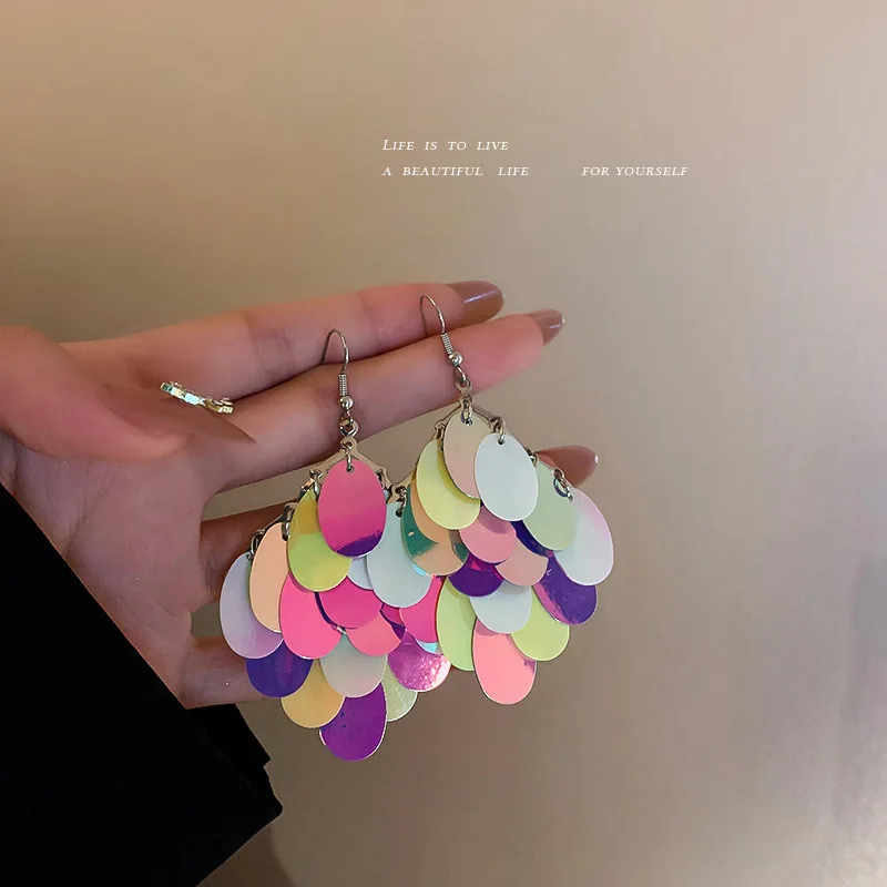 

Fashion sweet colored sequined ear-hook earrings vintage tassel multi-tiered patchwork earrings clash-colored earrings