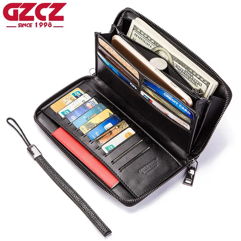 

100% Genuine Leather Men Wallet Long Style Large Capacity Purse with Card Holder Chain PORTFOLIO Portomonee Male Wristband Bag