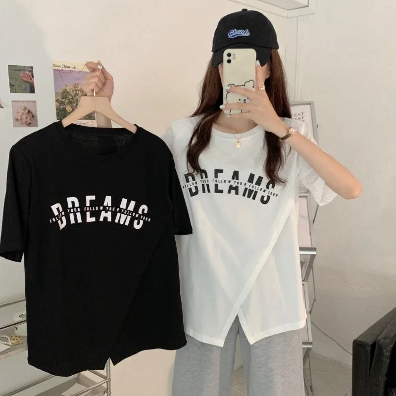 

White Letter Print Short Sleeve Top Womens Tshirt O-neck Loose Oversize Asymmetry T-Shirt Women Casual Femme Tees Blouse
