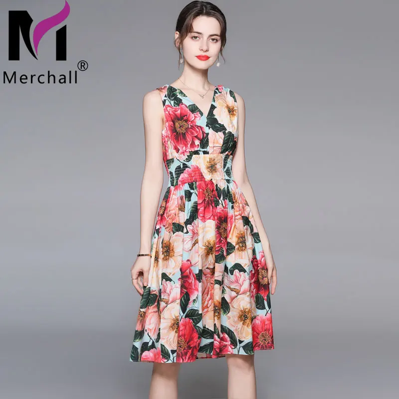 

Merchall 2021 Summer Retro Bohemian Sexy Sleeveless V Neck Midi Dress Woman Elegant Flower Print Elatstic Waist Dress M78671