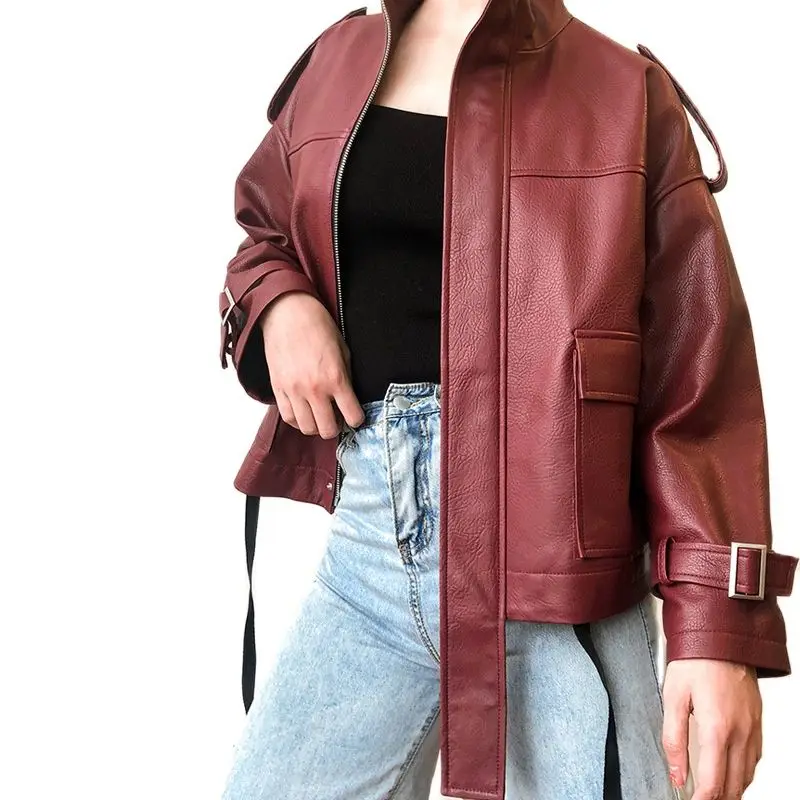 

women high quality sheepskin jacket women genuine leather jacket fashion red leather coat women stand-up sheepskin leather women