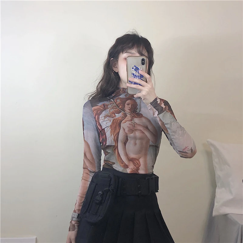 Новинка, Ulzzang, персональные, шикарные, модные, Масляные картины, ангел, девушка, Ретро стиль, пикантные сетчатые топы, Повседневная мода, Harajuku, свободная женская футболка