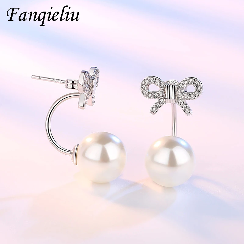 Fanqieliu Real 925 Sterling Silver Pearl Nail Jewelry Luxury Crystal Cute Bow Stud Earrings For Women FQL21061