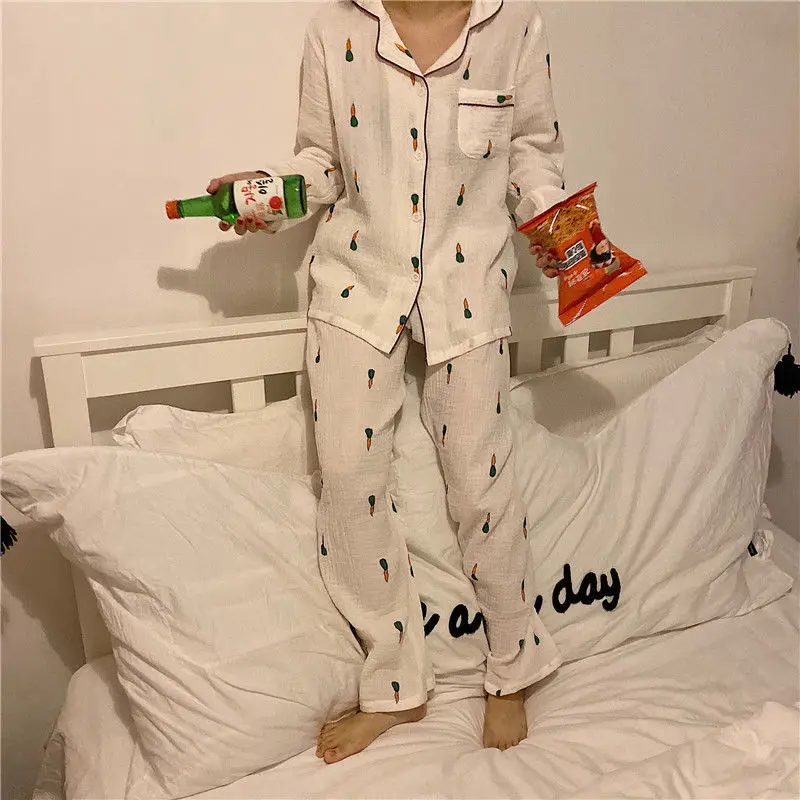 QWEEK Cotton Pajamas for Women Korean Sleepwear Fruit Cartoon Pijama Autumn Comfortable Clothes for Home Pyjamas 2 Piece Set