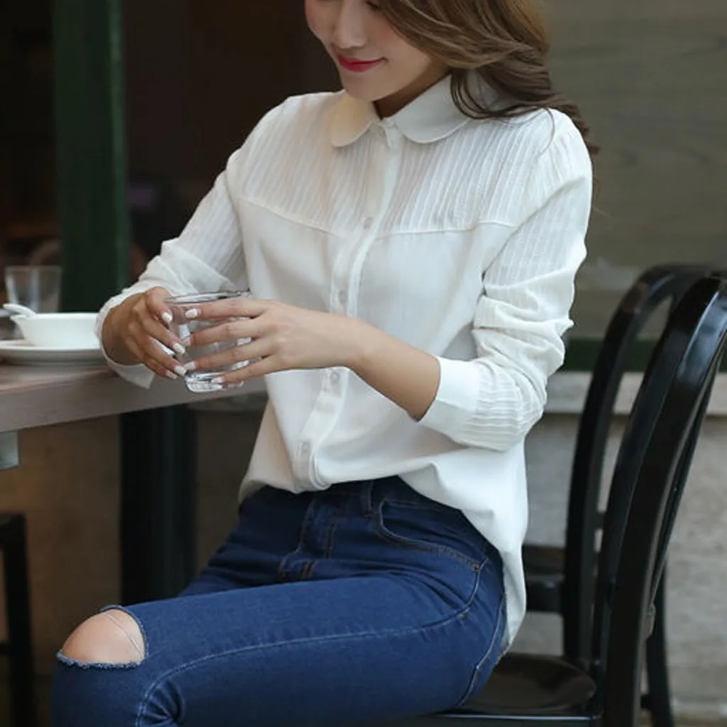 Рубашка блузка женская Blusas Chemisier Femme модная женская деловая рубашка с отворотом полосатая Повседневная белая блузка с длинным рукавом OY40