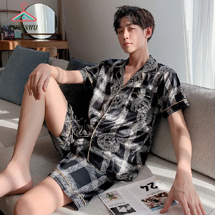 

ZHUISHU 2pcs Men Pajamas Suit Short Sleeve Thin Ice Spring Summer Cartoon Print Letter Student Men's Silk Summer Home Suit R183