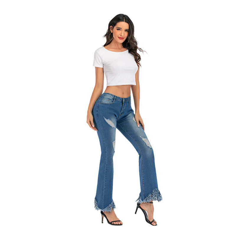 

2021 burst hip-lifting fringed elastic ripped jeans women flared pants