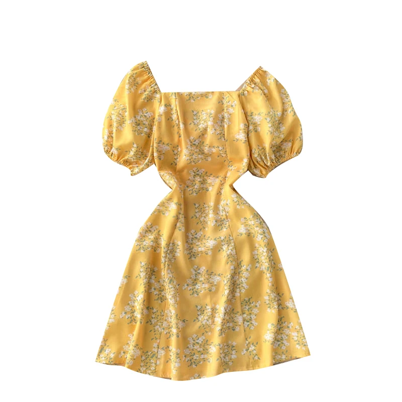 

0 Summer New Chiffon Vestidos Female Floral Pattern Slimming Square Neck Bubble Short Sleeve Waist Mini Dress C557