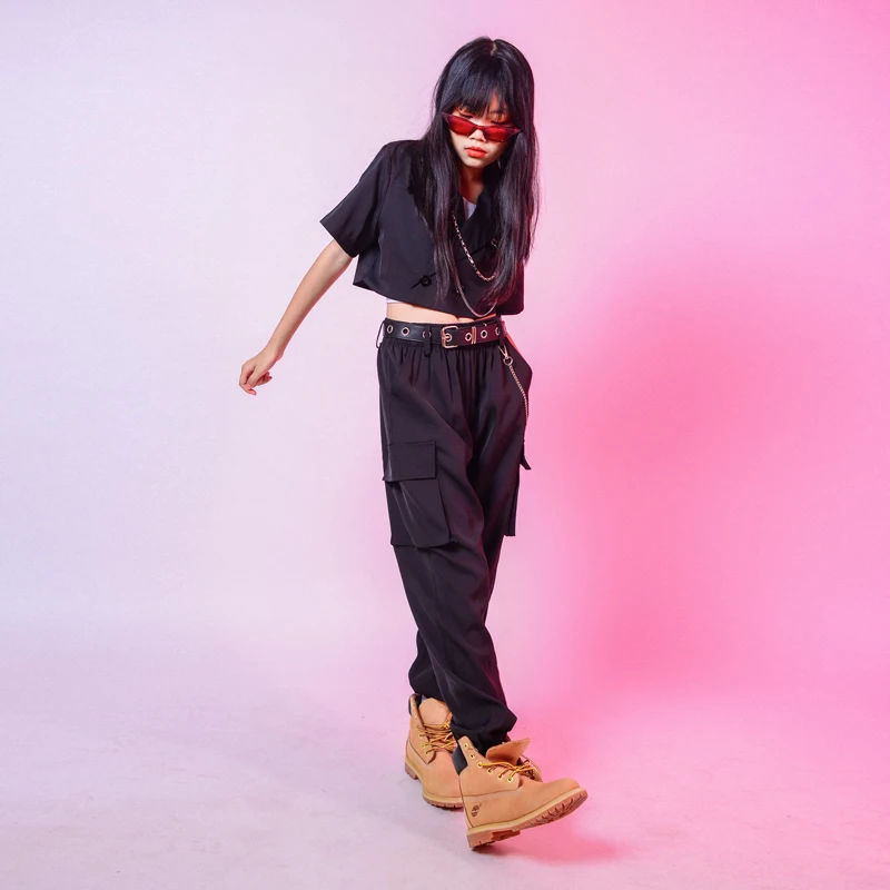 Новинка танцевальные костюмы для девочек в стиле хип-хоп черный топ с коротким