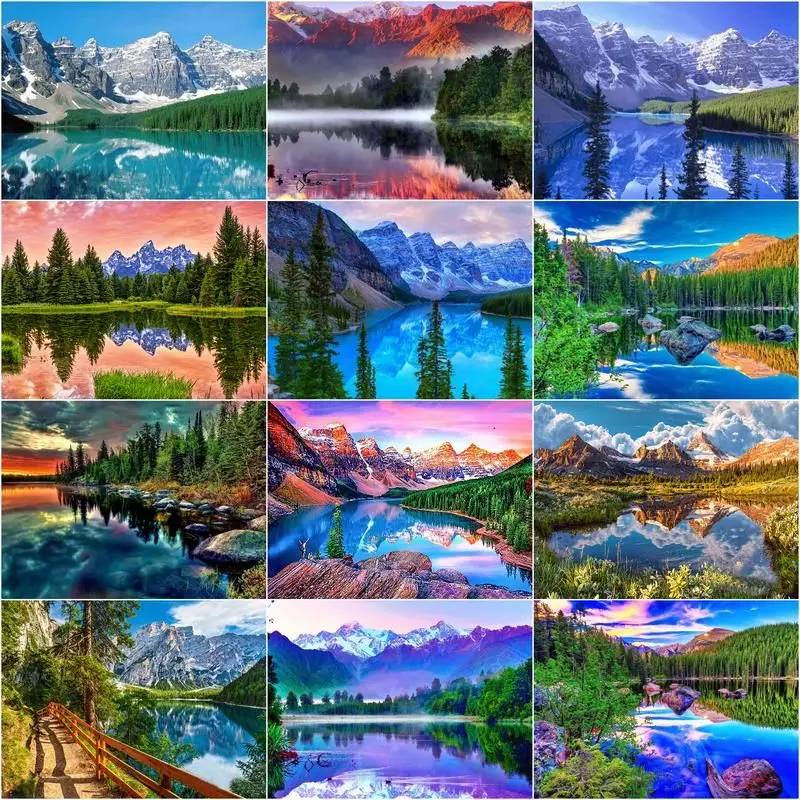 

CHENISTORY Oil Paint By Numbers Kits Snow Mountain Lakes Landscape Painting By Number Frame Acrylic Coloring Canvas Wall Decor
