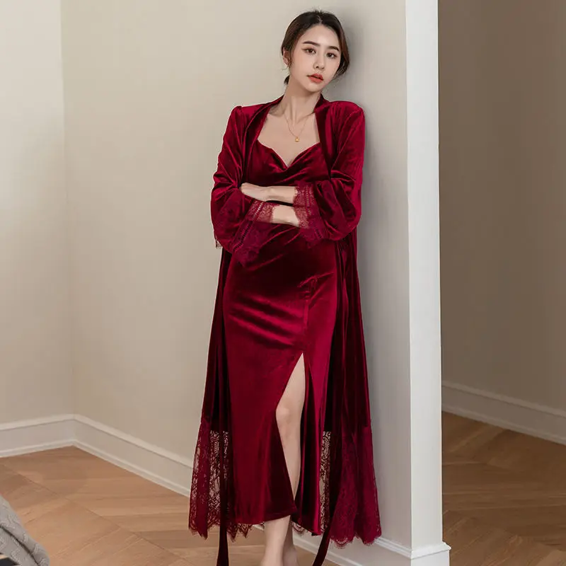 

Velour Robes Women Pajama Sets Lace Long Nightdress Set Woman 2 Pieces Nightwear Velvet Nightgowns Splicing Sleepwear X110