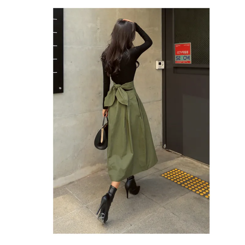 

Army green skirt in spring and autumn of 2019 A-line skirt umbrella skirt super fire bow big swing skirt slim waist long skirt