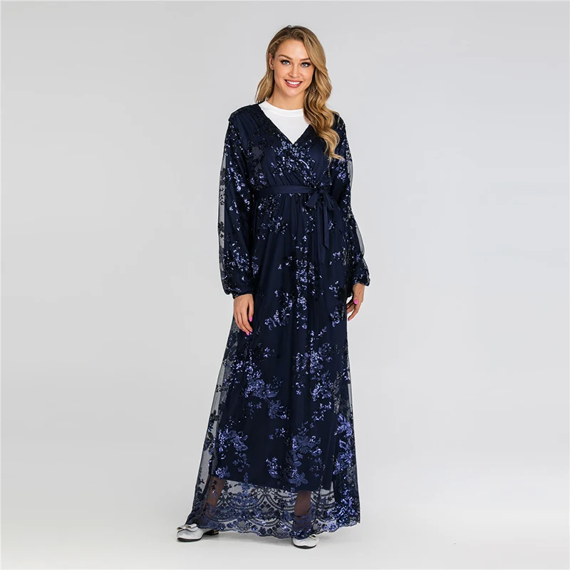 Dark blue dress Abaya Дубай турецкий хиджаб мусульманское платье кафтан марокканский кафтан ислам одежда Абая для женщин Djelaba Femme Robe Musulman - Color: Dark blue dress