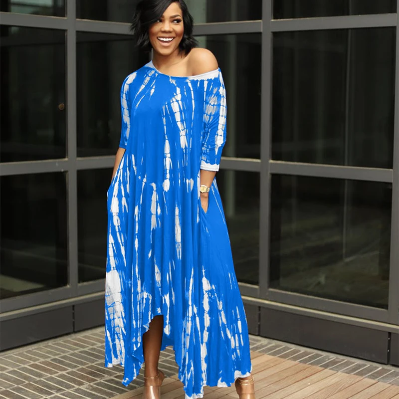 

Large Size Loose Women Summer Dresses 3/4 Sleeve Thin Big Swing Irregular Casual Boho Vestidos Pockets Tie-Dye Split Wide Neck