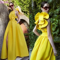 yellow satin 2020 new fashion lebanon evening dress long sash ruffle applique backless a line prom dresses vestidos de gala