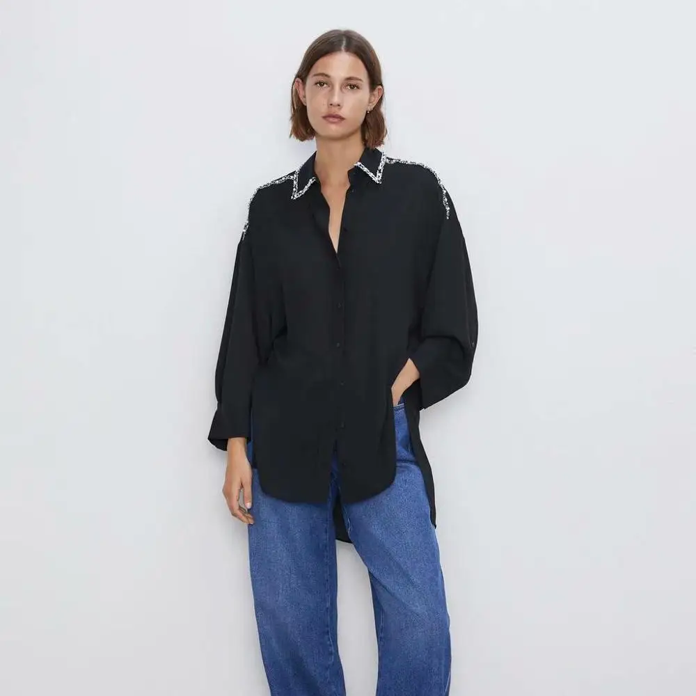 ZA осенне-зимняя модная жемчужная украшенная бисером блузка в стиле пэчворк с